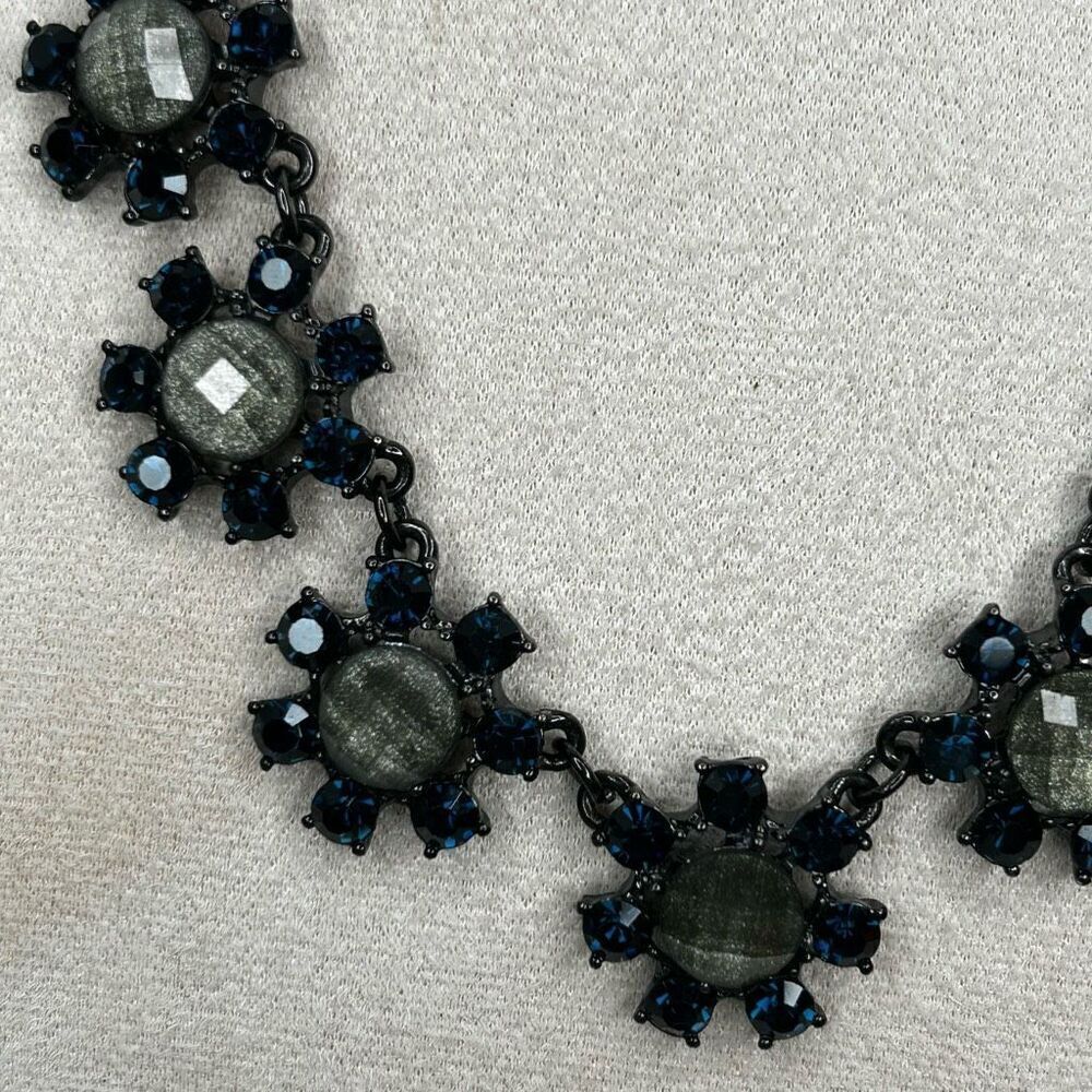 Floral Bib Costume Necklace 16" Blue Rhinestones Black Gun Metal Colored Chain - Picture 8 of 12